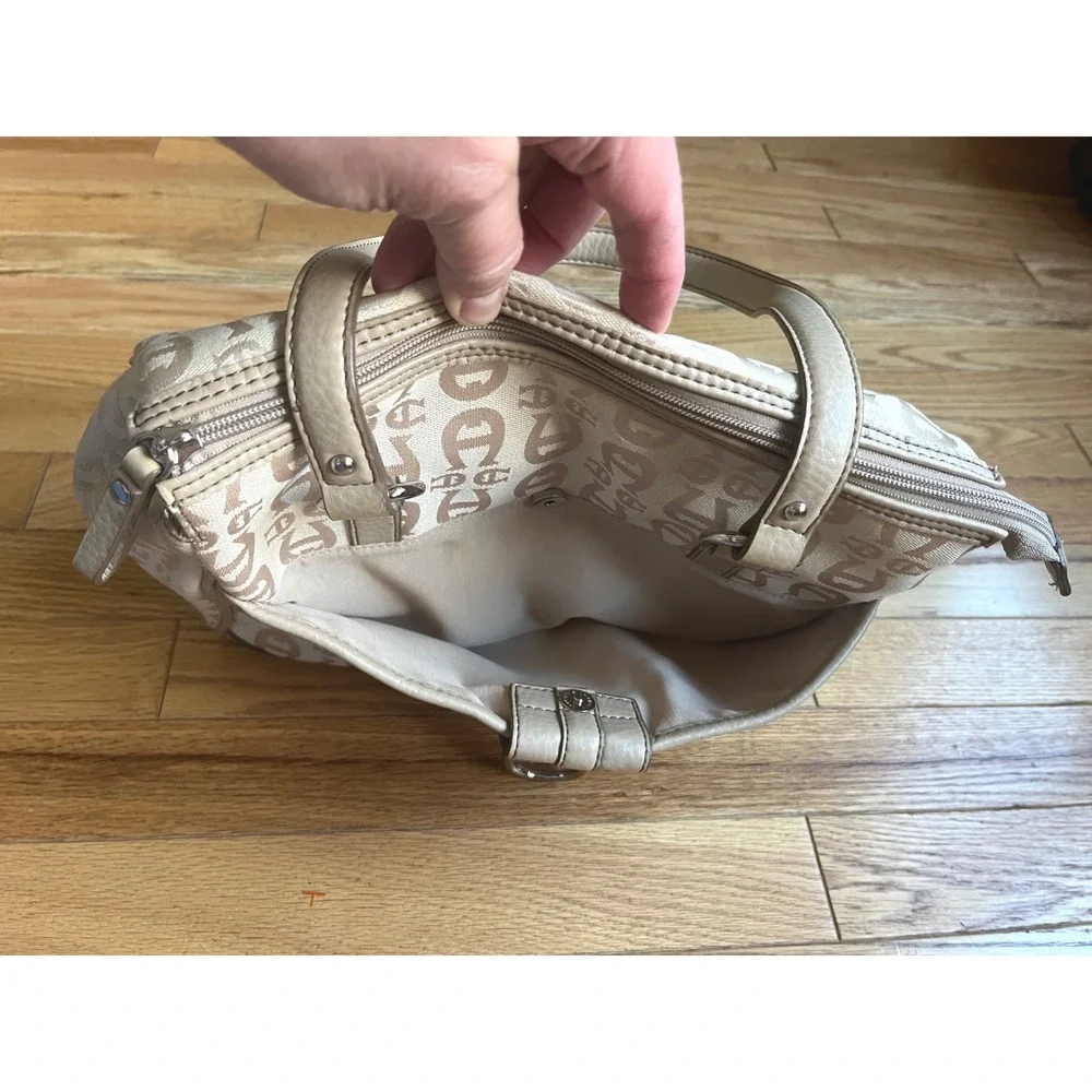 Etienne Aigner Beige Monogram Jacquard Shoulder Bag Purse Silver Hardware Summer